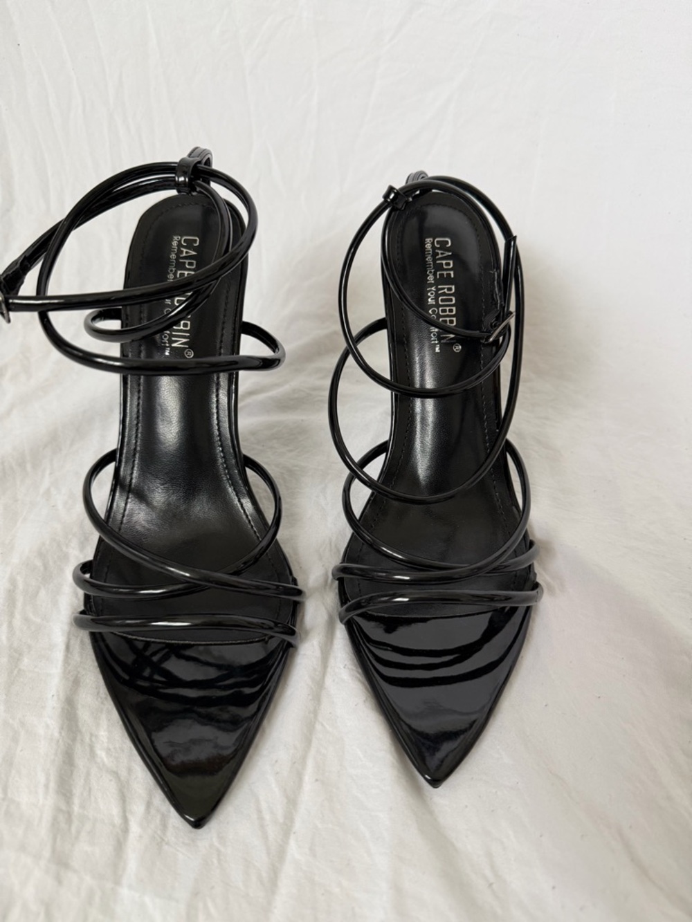 Cape Robbin Black Patent Pointed-Strap Ankle Wrap Heels